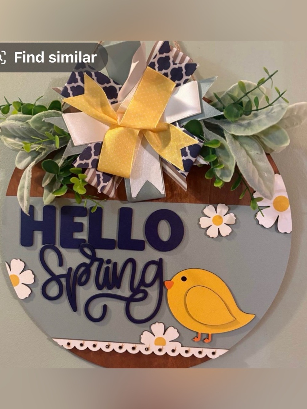 Hello Spring Wooden Door Hanger with Yellow Chick and Ribbon